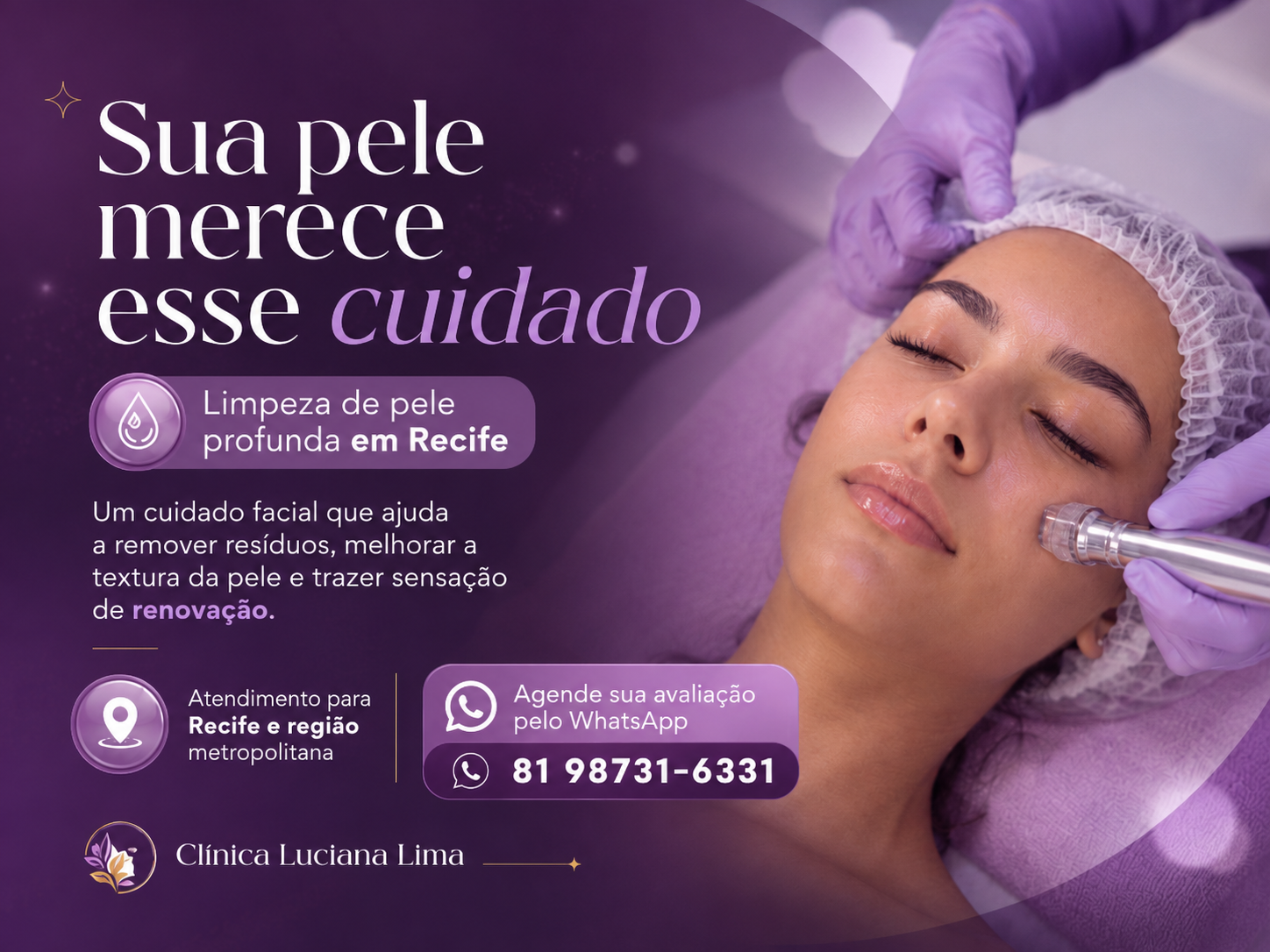 Foto de procedimento facial realizado na Luciana Lima Saúde & Estética Avançada em Recife. Cliente realizando limpeza de pele profunda em clínica de estética no IPSEP. Procedimento de protocolo facial com limpeza de pele, microagulhamento e peeling quartzo 100% natural. Tratamento de rejuvenescimento facial em clínica de estética avançada em Recife. Profissional realizando microagulhamento facial em cliente na Luciana Lima Saúde & Estética Avançada. Procedimento de microagulhamento capilar para cuidados com o couro cabeludo em Recife. Imagem de peeling quartzo natural para renovação da pele em clínica estética. Cliente realizando preenchimento labial em clínica de estética no IPSEP, Recife. Procedimento minimamente invasivo de estética facial em ambiente clínico. Remoção de sinais com jato de plasma em clínica de estética avançada. Retirada de sinais e tratamento facial realizado por profissional da clínica Luciana Lima. Tratamento de foliculite para homens e mulheres em clínica de estética em Recife. Tratamento de estrias e cuidados corporais na Luciana Lima Saúde & Estética Avançada. Procedimento corporal para gordura localizada e redução de medidas em Recife. Aplicação de enzimas para protocolo corporal personalizado. Corrente russa para estética corporal, fortalecimento e melhora da flacidez. Protocolo de emagrecimento para homens e mulheres em Recife. Atendimento para emagrecimento com Mounjaro em clínica de saúde e estética. Escleroterapia para tratamento de vasinhos em clínica estética no Recife. Drenagem linfática pós-operatória realizada em ambiente clínico profissional. Massagem relaxante e terapêutica em clínica de estética no IPSEP. Tratamento corporal para celulite, flacidez e gordura localizada em Recife. Atendimento estético personalizado para homens e mulheres de Recife e Região Metropolitana. Ambiente da clínica Luciana Lima Saúde & Estética Avançada, localizada no IPSEP. Equipe realizando procedimentos de beleza, saúde e estética em Recife. Clínica de estética avançada com foco em beleza, autoestima e bem-estar.